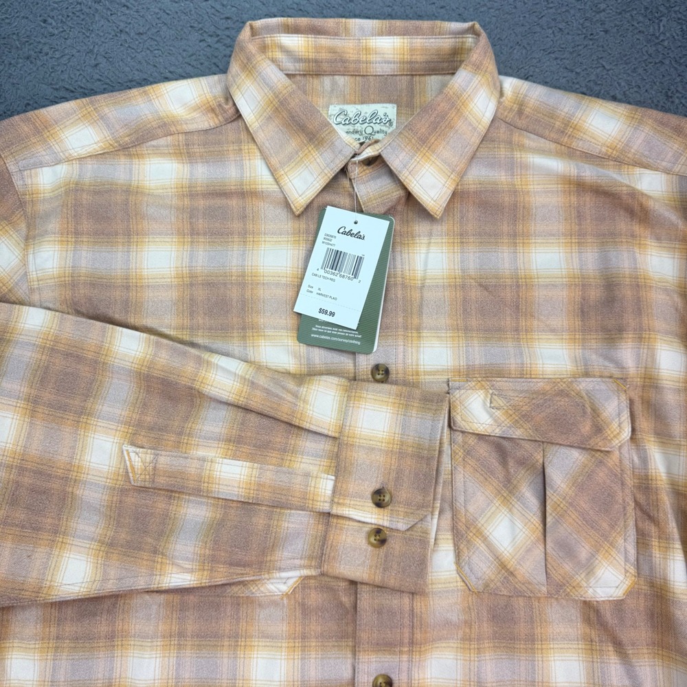Cabela's Flannel Tech Shirt Mens XL Harvest Plaid‎ Long Sleeve Button Down 2606